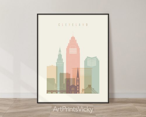 Cleveland city skyline print in a warm Pastel Cream color theme by ArtPrintsVicky