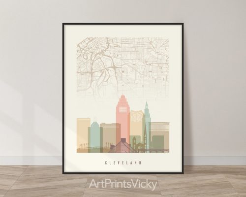 Cleveland city map with skyline poster in Pastel Cream theme by ArtPrintsVicky.
