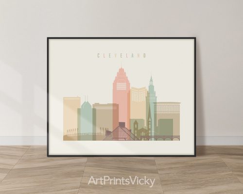 Cleveland skyline print rendered in a warm Pastel Cream palette with landscape orientation by ArtPrintsVicky
