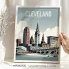 Framed art print of Cleveland skyline featuring buildings and a river.