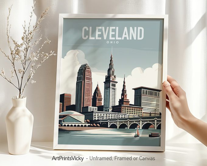 Framed art print of Cleveland skyline featuring buildings and a river.