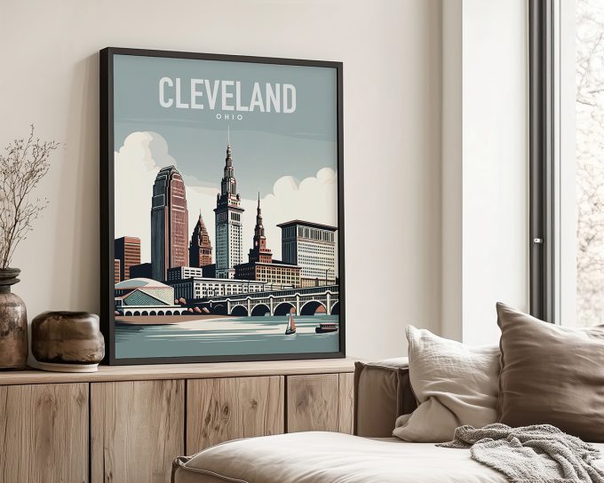 Illustration of Cleveland skyline with buildings and the river in a framed print.