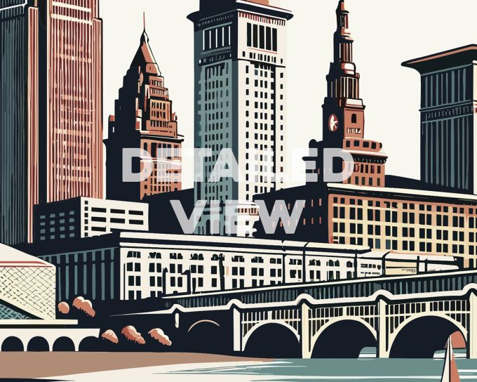 Illustration of Cleveland skyline featuring prominent buildings and a bridge.