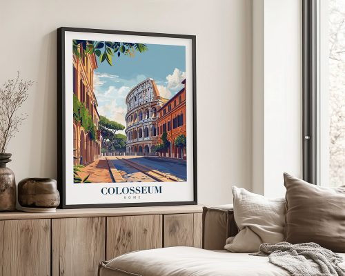 Framed artwork of the Colosseum in Rome, featuring a street view with buildings and trees.