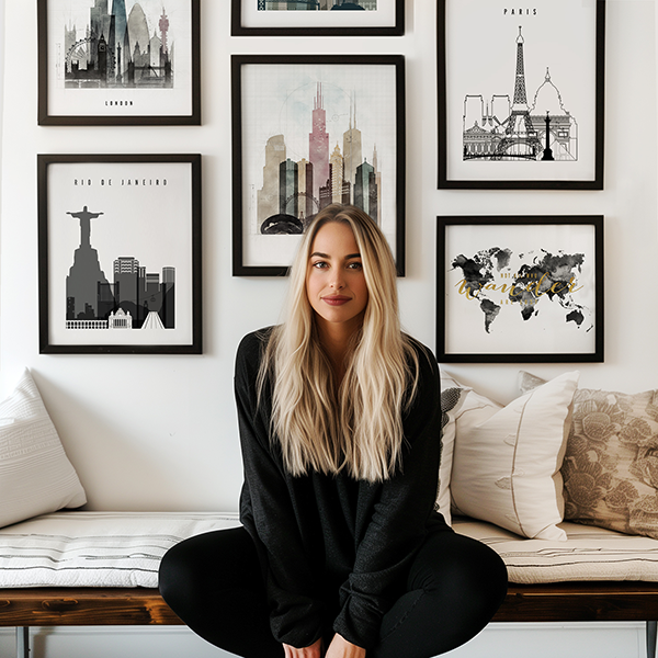 A woman with long blonde hair sitting on a bench in front of framed cityscape artwork on a wall.