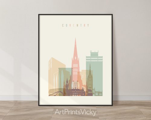 Pastel cream Coventry UK skyline poster by ArtPrintsVicky