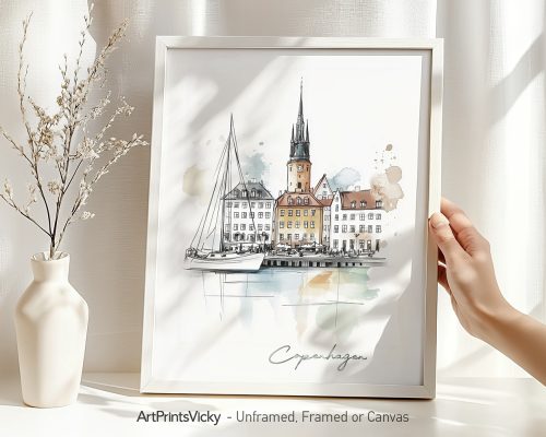 Illustration of Copenhagen featuring buildings and a sailboat in a framed design.