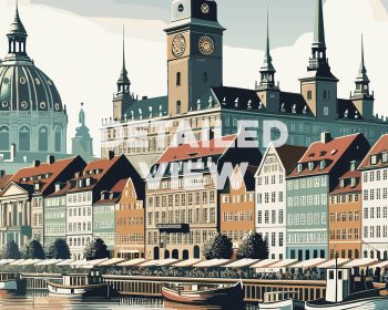 Illustration depicting a detailed view of Copenhagen's waterfront buildings and clock tower.