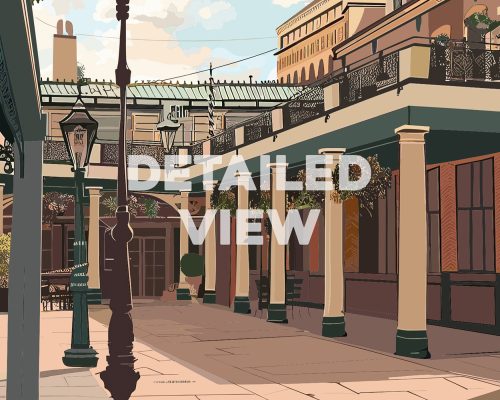 Illustration of a detailed view of Covent Garden with architectural elements and street lamps.