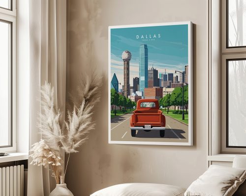 Illustration of a red vintage truck driving towards the Dallas skyline with notable buildings.
