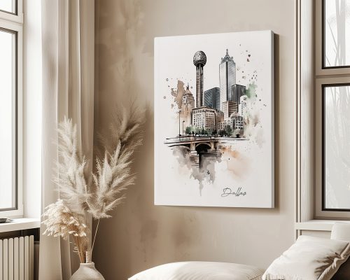 Illustration of the Dallas skyline featuring notable buildings and the Reunion Tower.