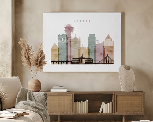 Artistic representation of the Dallas skyline featuring various iconic buildings and structures.