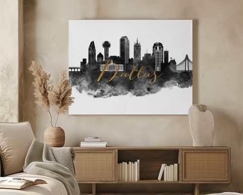 Black and white city skyline of Dallas with gold lettering on a white background.