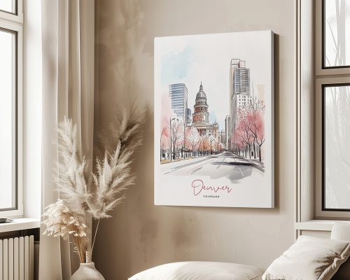 A Canvas art print of Denver in watercolor drawing with soft pastel tones.