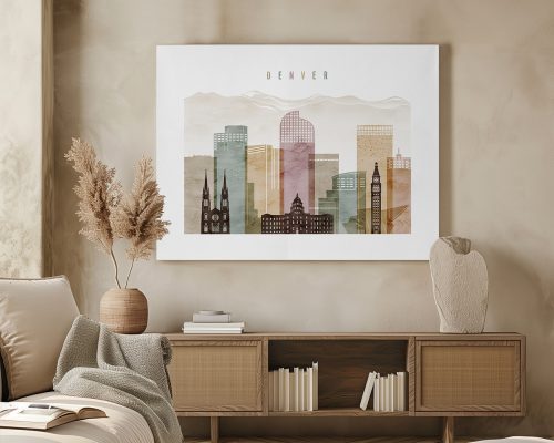 Artistic representation of Denver's skyline with various buildings and mountains in the background.