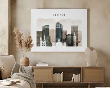 Art print of Denver cityscape featuring prominent buildings and mountains in the background.