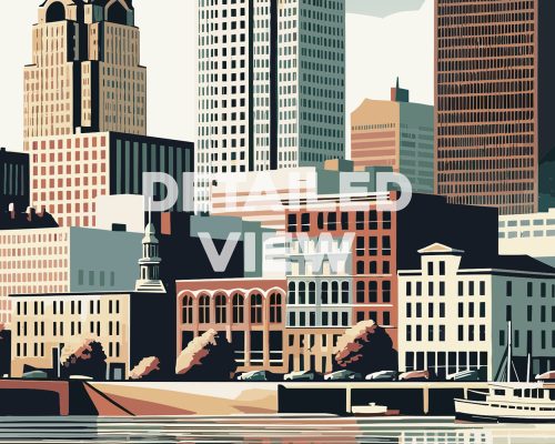 Illustration of a cityscape featuring buildings and a waterfront in Des Moines.