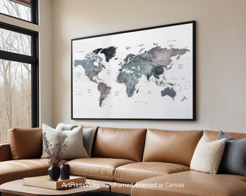 World map artwork featuring various shades of green and gray displayed in a modern living room.