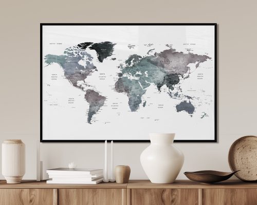 World map featuring cool tones with geographical labels and details.