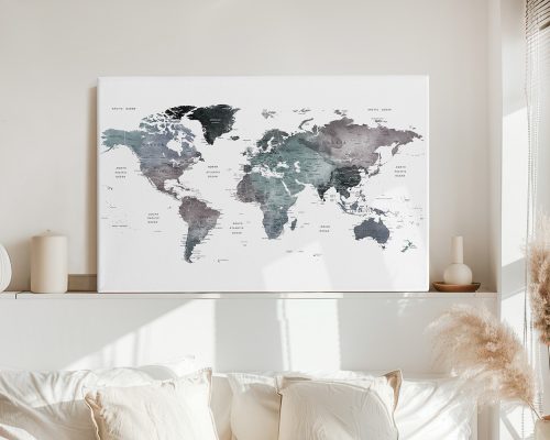 World map illustration in cool tones with geographical labels on a white background.