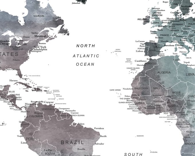 World map featuring cool tones with labeled countries and oceans.
