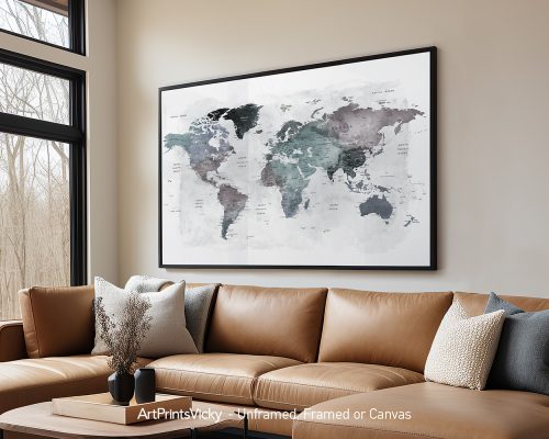 World map in cool tones displayed in a modern living room setting.