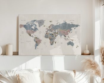World map artwork displayed on a wall with muted colors and country labels.