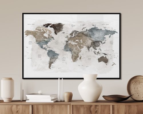 World map illustration in earth tones featuring various countries and regions.