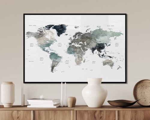 World map featuring earth tones with geographical labels displayed in a framed format.