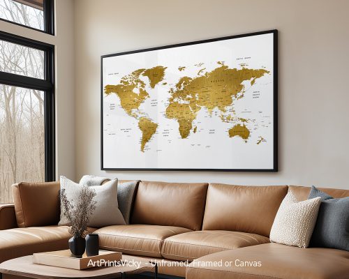 World map featuring gold detailing on countries, displayed in a framed format.