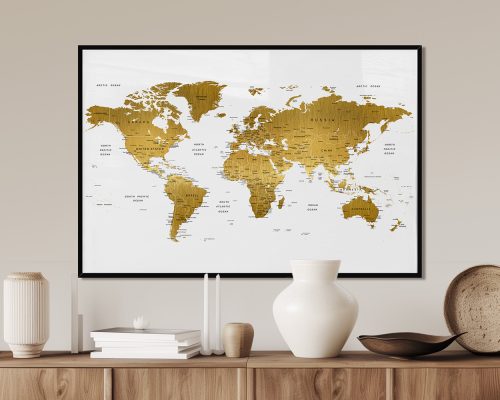 World map featuring gold detailing on countries and regions against a white background.
