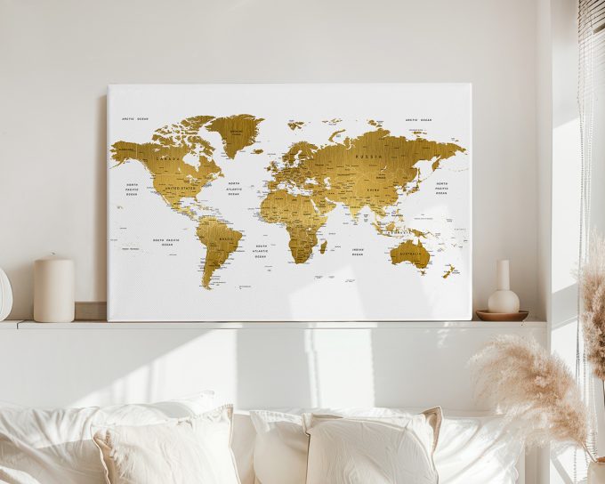 World map featuring gold detailing on countries displayed on a white background.