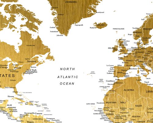 Map of the North Atlantic Ocean featuring gold detailing and labeled countries and cities.