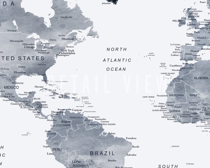 World map in grey and blue tones with country names and ocean labels.
