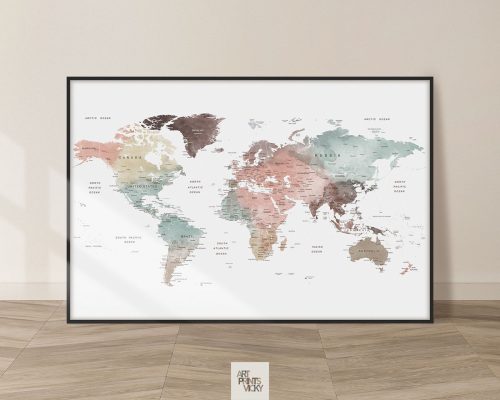 world map poster detailed pastel white