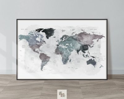 World map poster detailed cool tones
