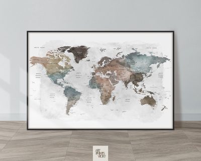 World Map Poster Detailed Watercolor Warm Colors