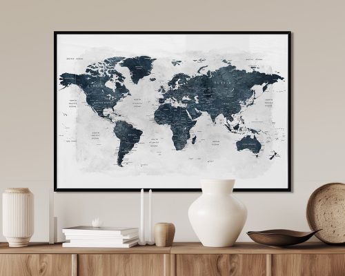 World map featuring navy tones and geographical labels displayed in a framed format.