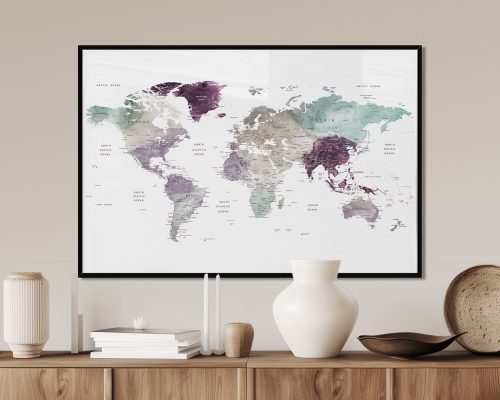 World map featuring pastel colors with labeled countries and regions displayed in a framed format.
