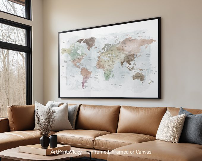 World map featuring soft pastel colors and labeled countries displayed in a frame.