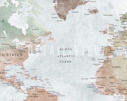 World map featuring the North Atlantic Ocean, with countries and cities labeled in various colors.