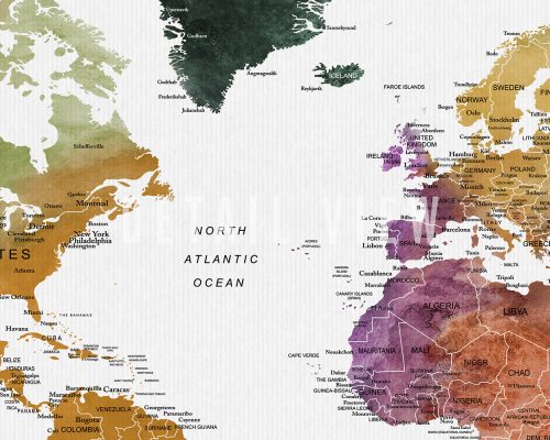World map featuring various colors representing different regions, with labeled countries and oceans.