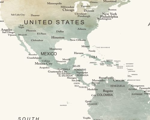 Map showing North and Central America, including the United States, Mexico, and surrounding countries.