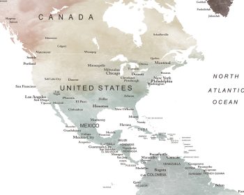 Map of North America showing countries, major cities, and geographical features in a muted color palette.