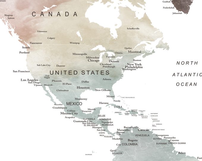 Map of North America showing countries, major cities, and geographical features in a muted color palette.