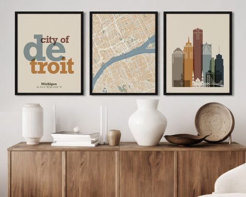 Alternative view of Detroit Wall Art Set of 3 Prints, Map, Skyline