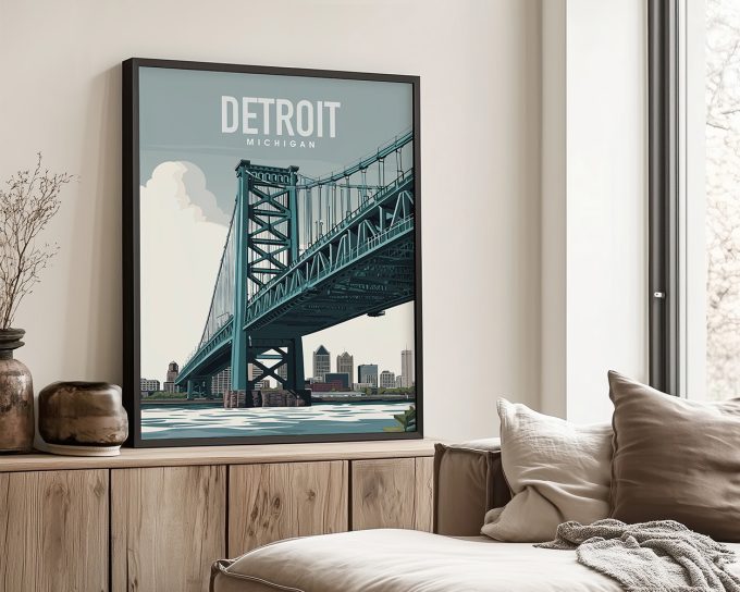 Framed artwork of the Detroit Michigan bridge with a city skyline in the background.