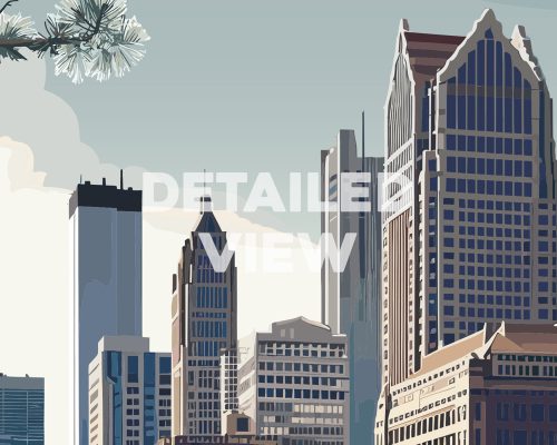 Illustration of Detroit skyline featuring various skyscrapers and buildings in a detailed view.