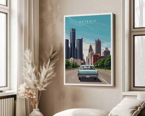 Art print featuring a vintage car driving towards the Detroit skyline with buildings in the background.