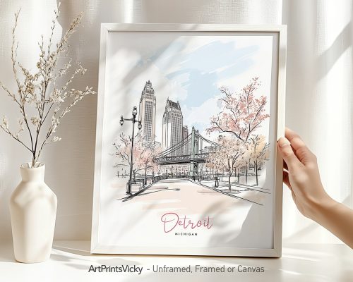 Illustration of Detroit featuring buildings and trees with pink blossoms in a framed print.